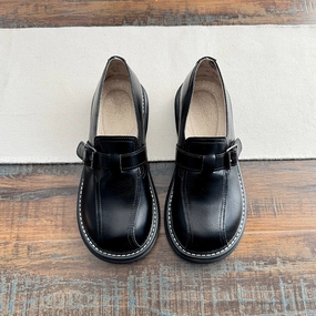 Babakud Women Spring Retro Leather Round Toe Buckle Loafers neutral - colors