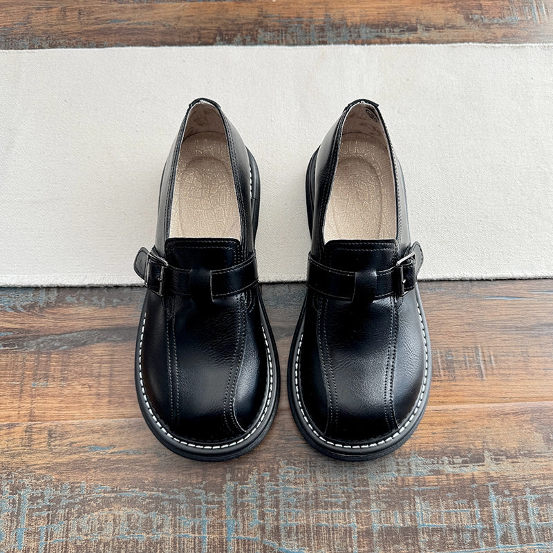 Babakud Women Spring Retro Leather Round Toe Buckle Loafers neutral - colors