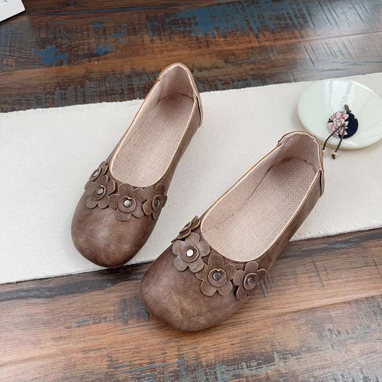 Babakud Women Spring Retro Leather Round Toe Floral Ballet Flats Breathable Synthetic All-day style