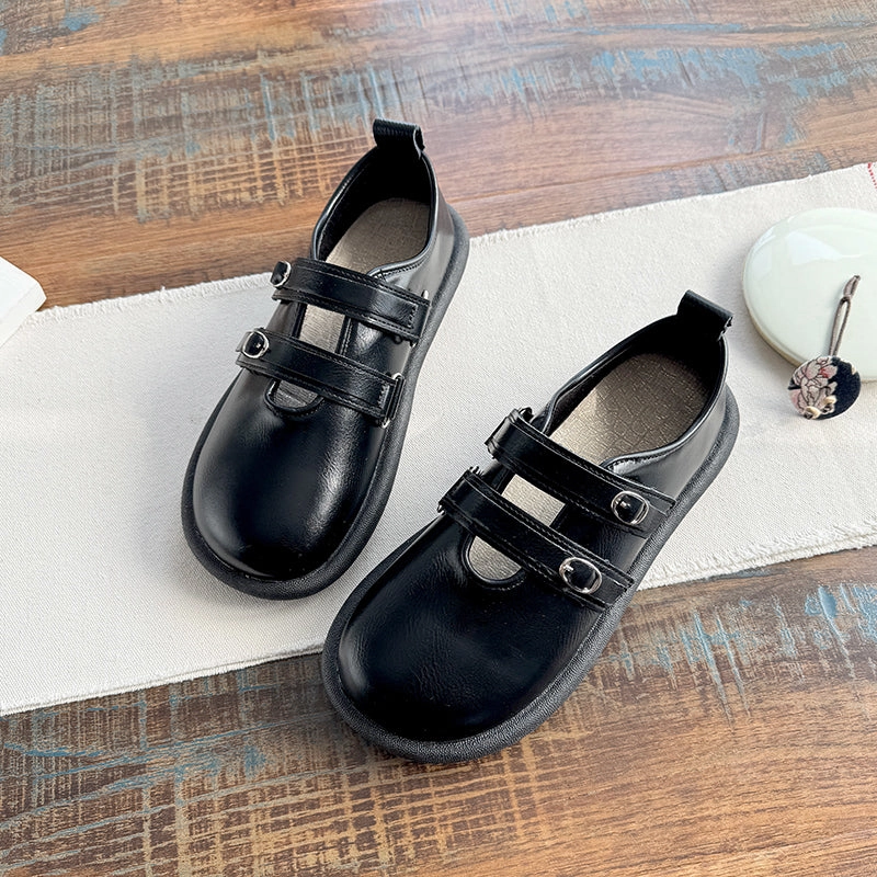 Babakud Women Spring Vintage Leather Double Straps Loafers Practical Design Abrasion Resistant Material