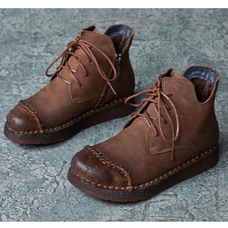 Babakud Women Winter Retro Ethnic Style Leather Short Boots Shock-absorbent cushioning