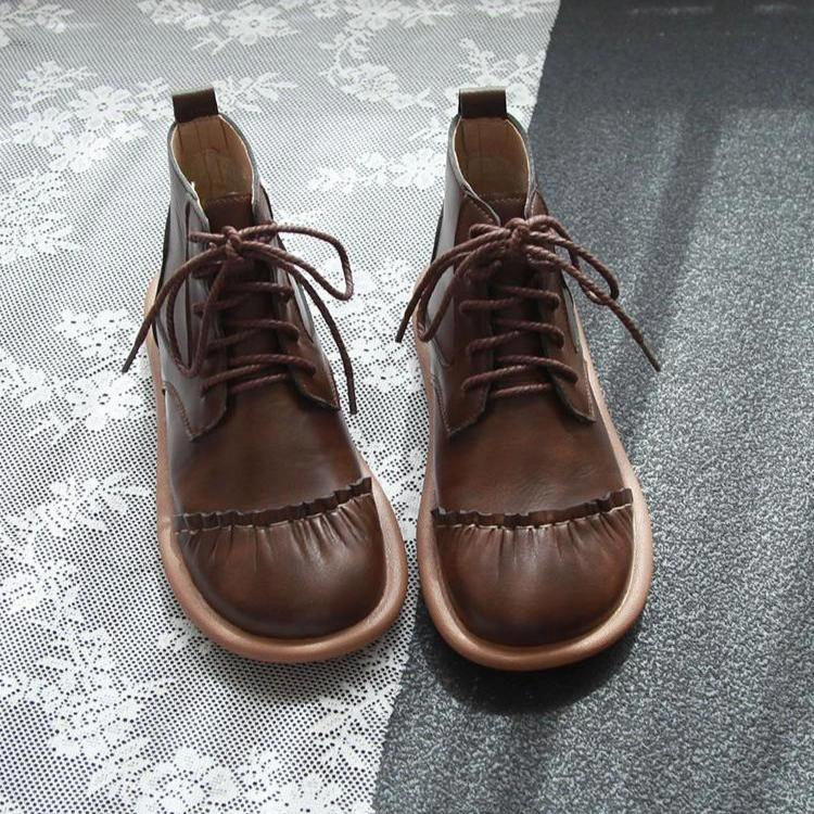 Babakud Women Winter Retro Lace- Up Pleated Martin Boots evening