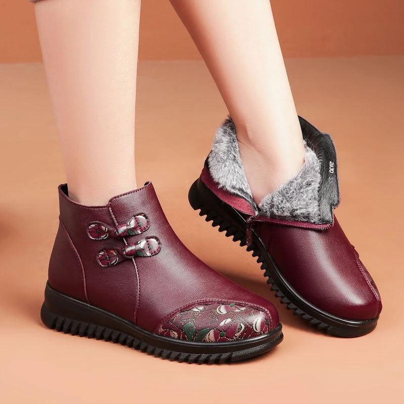 Unique Sole Babakud Women Winter Retro Leather Floral Fleece-Lined Boots
