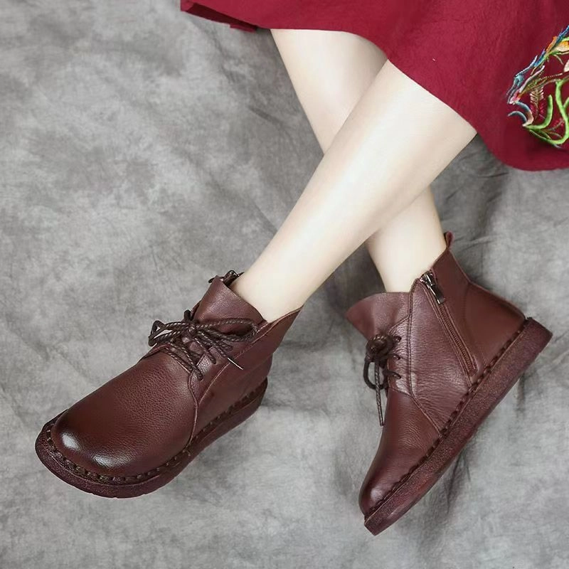 snowy Babakud Women Leather Handmade Lace Up Boots With Side Zippers