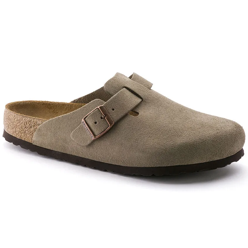 BIRKENSTOCK BOSTON SUEDE SOFT FOOTBED CLOG - TAUPE High Traction Pattern Timeless Design