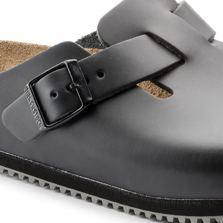 BIRKENSTOCK BOSTON SUPER GRIP - BLACK LEATHER Compression Resistant Foam Vegan Leather Option