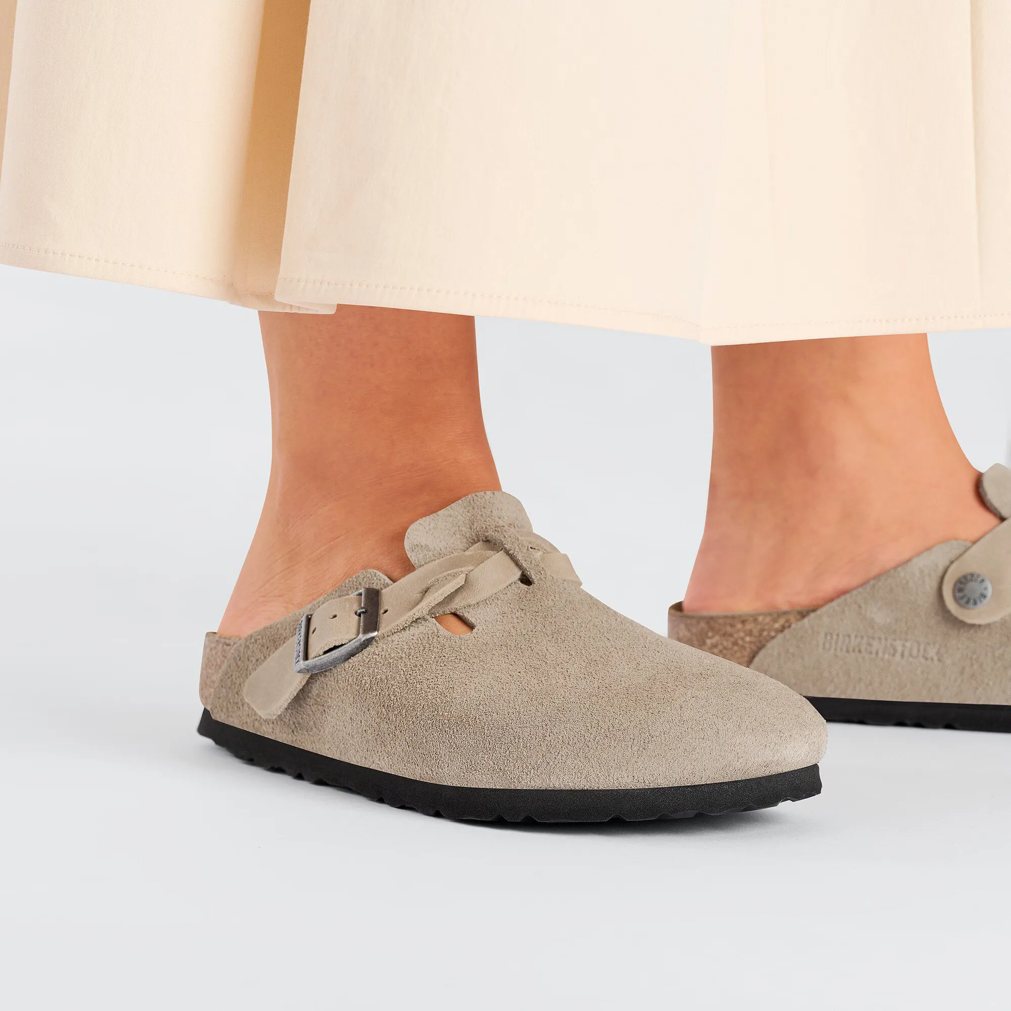 BIRKENSTOCK WOMENS BOSTON BRAID - TAUPE SUEDE Exclusive Design work - style