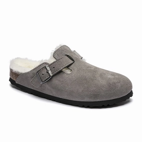 Effortless Tailoring Crisp Look Birkenstock Boston Narrow Clog (Women) - Stone Coin Suede/Natural Shearling