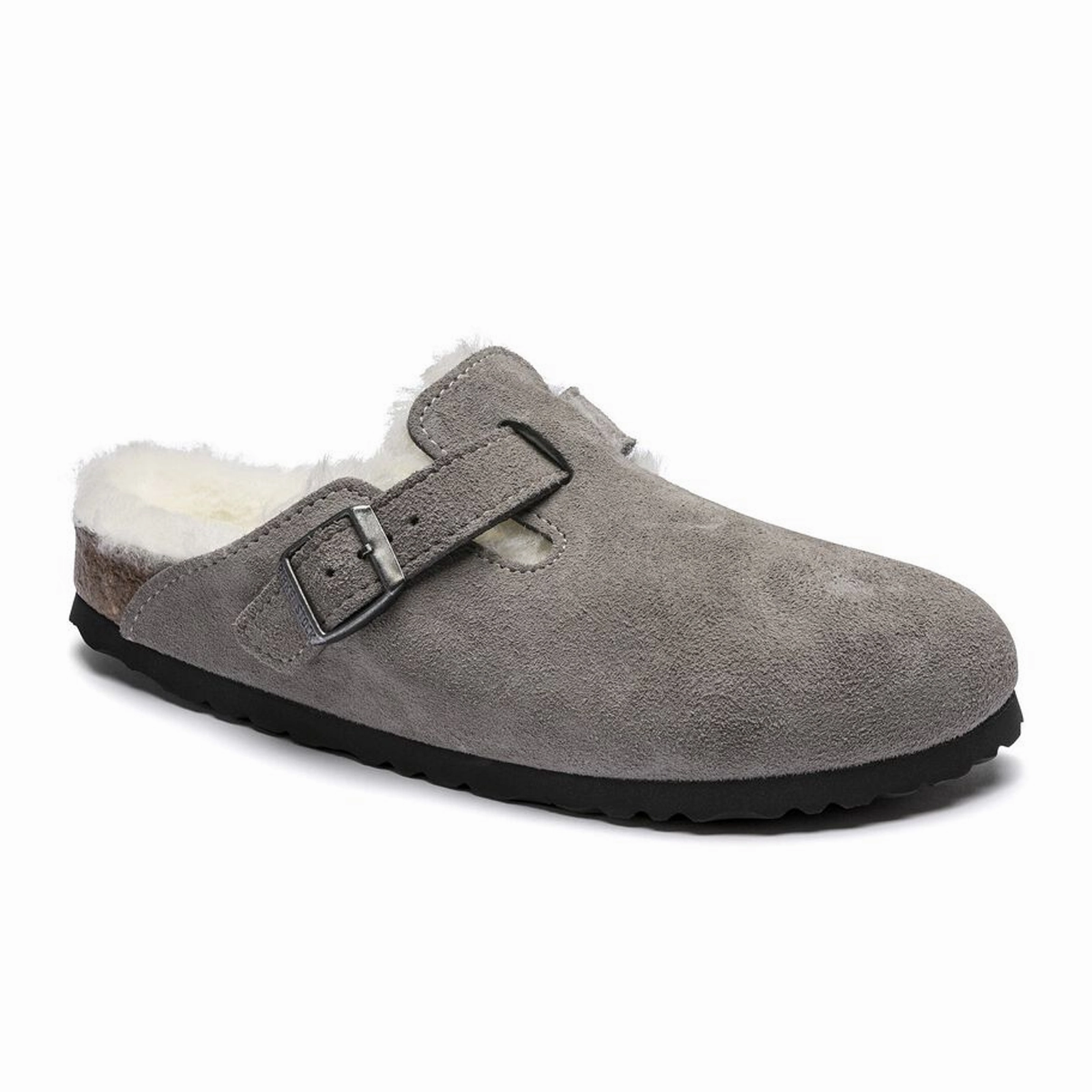 Birkenstock Boston Narrow Clog (Women) - Stone Coin Suede/Natural Shearling Cozy Wear