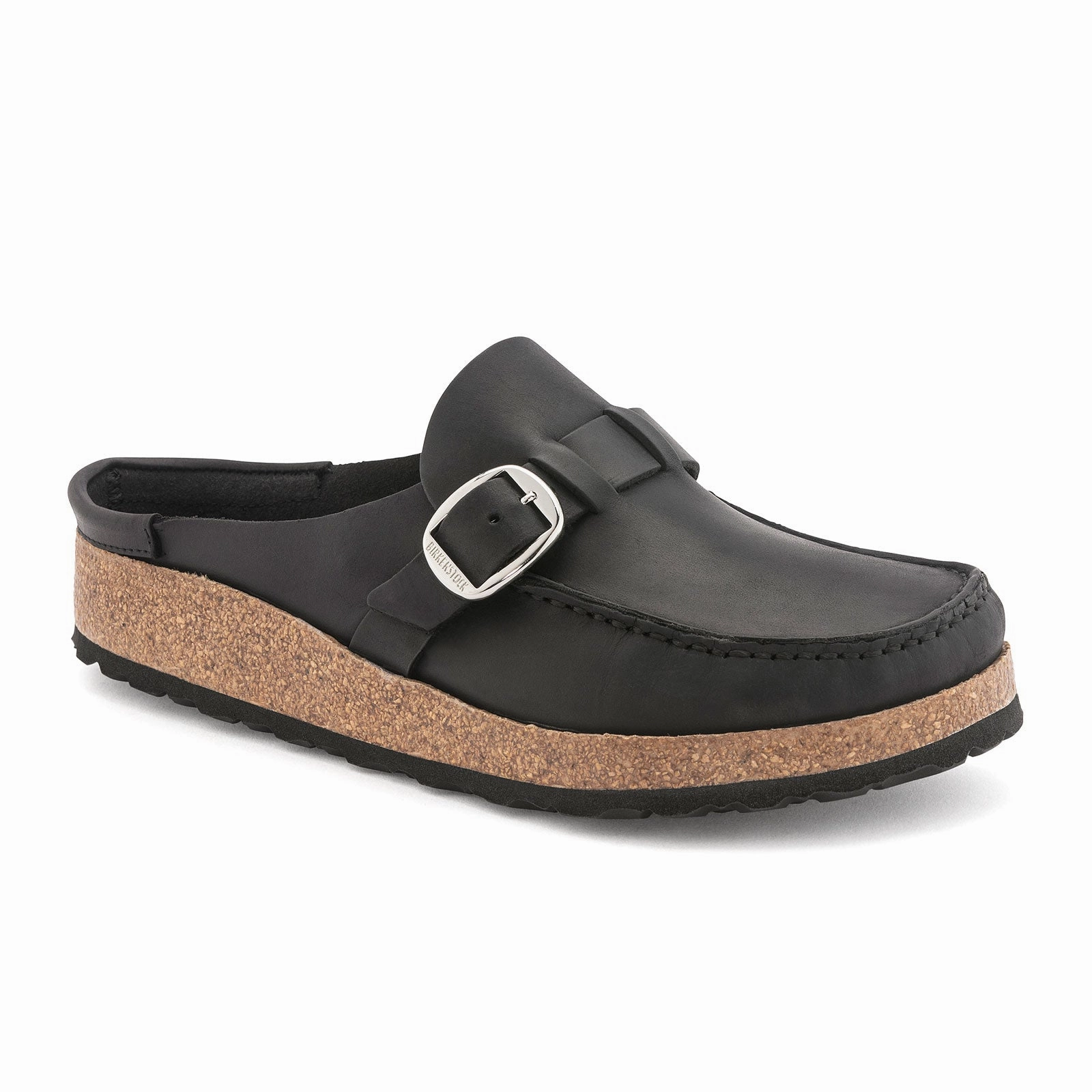 Trendy Layer Birkenstock Buckley Clog (Women) - Black Oiled Leather