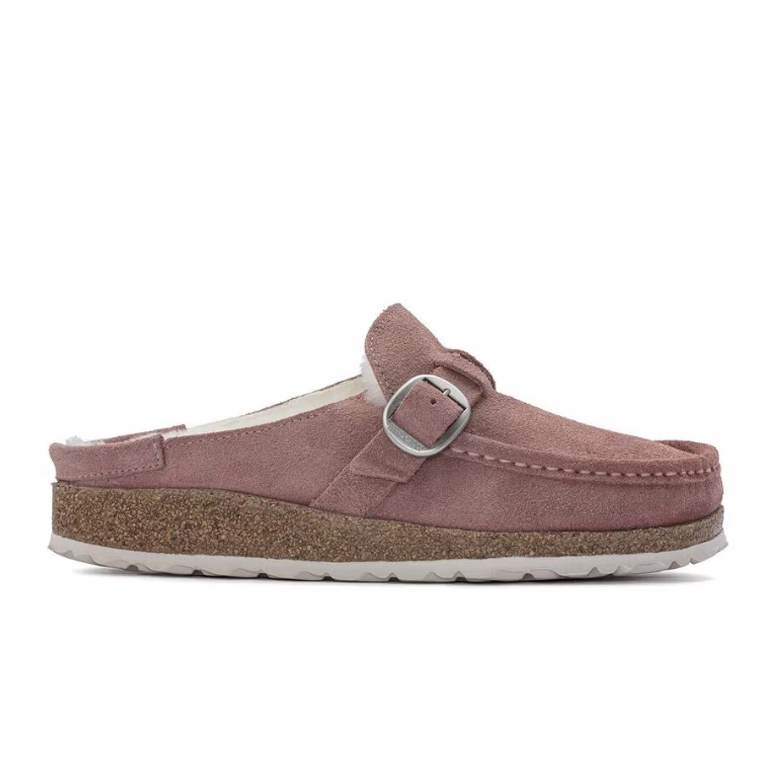 Birkenstock Buckley Narrow Clog (Women) - Pink Clay Suede/Natural Shearling Front Detail Delicate Finish
