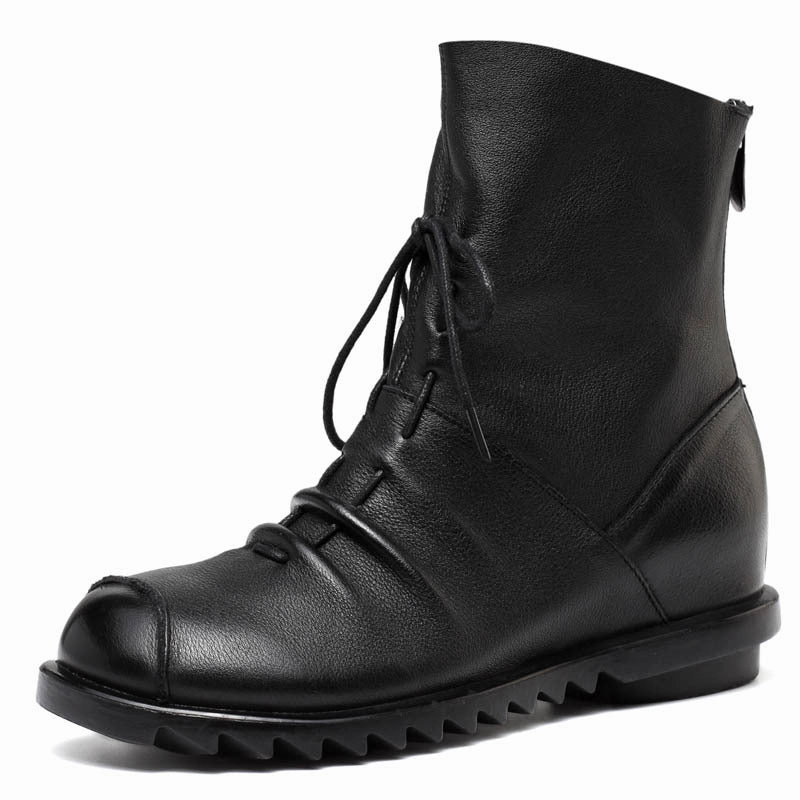 Black Retro Drawstring Soft Leather Short Boots Unique cushioning Pressure Dispersing Footbed