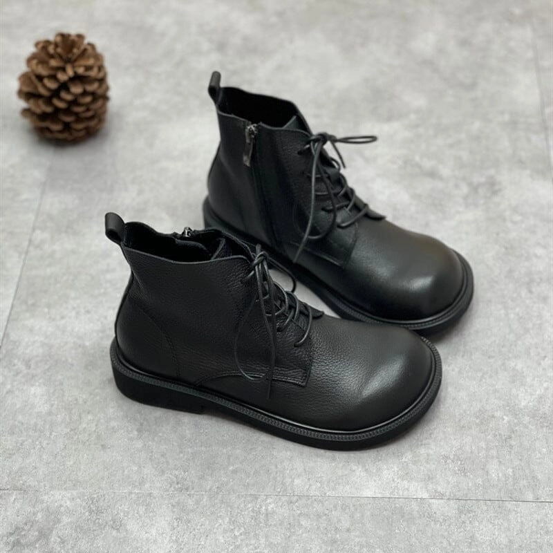 Women Autumn Winter Retro Leather Flat Boots Durable TPR Outsole