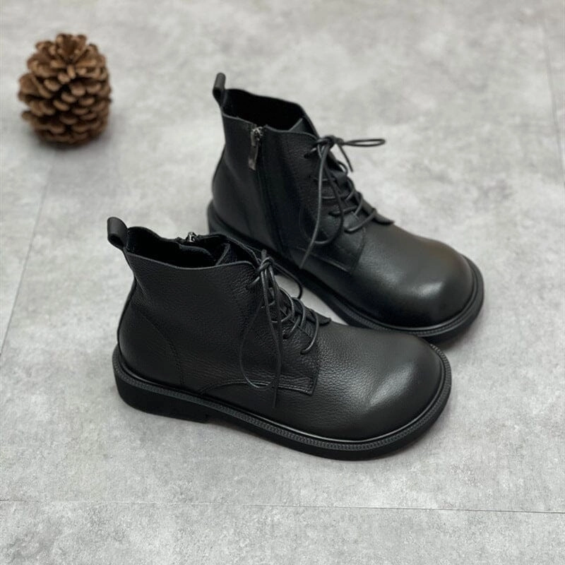 Grounded Traction Pattern Women Autumn Winter Retro Leather Flat Boots