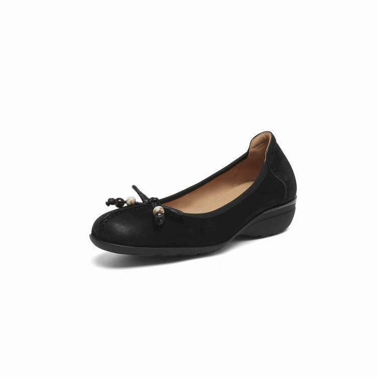 Elegant Sheepskin Leather Round Toe Shallow Bow Shoes Heel Stabilization athletes' performance