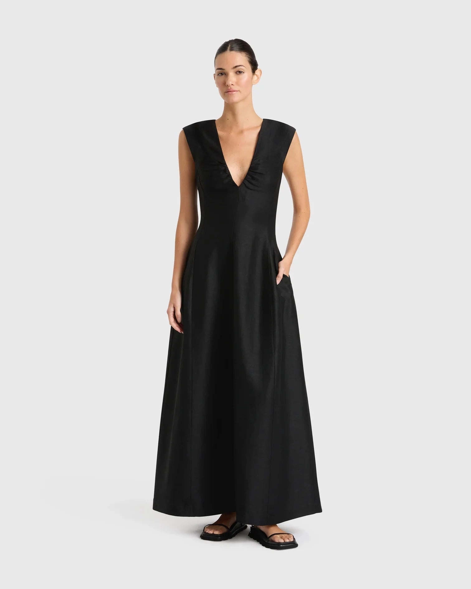 Youth Glow Smart Casual Bormio V Neck Midi Dress in Black