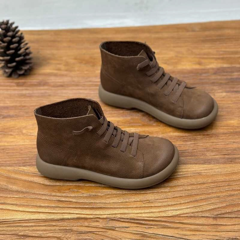 Slim Style Puncture Resistant Base Babakud Women Autumn Vintage Soft Leather Flat Casual Boots