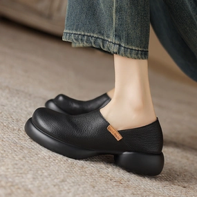 slip - on Women Comfy Thick- Soled Chunky Heel Leather Shoes