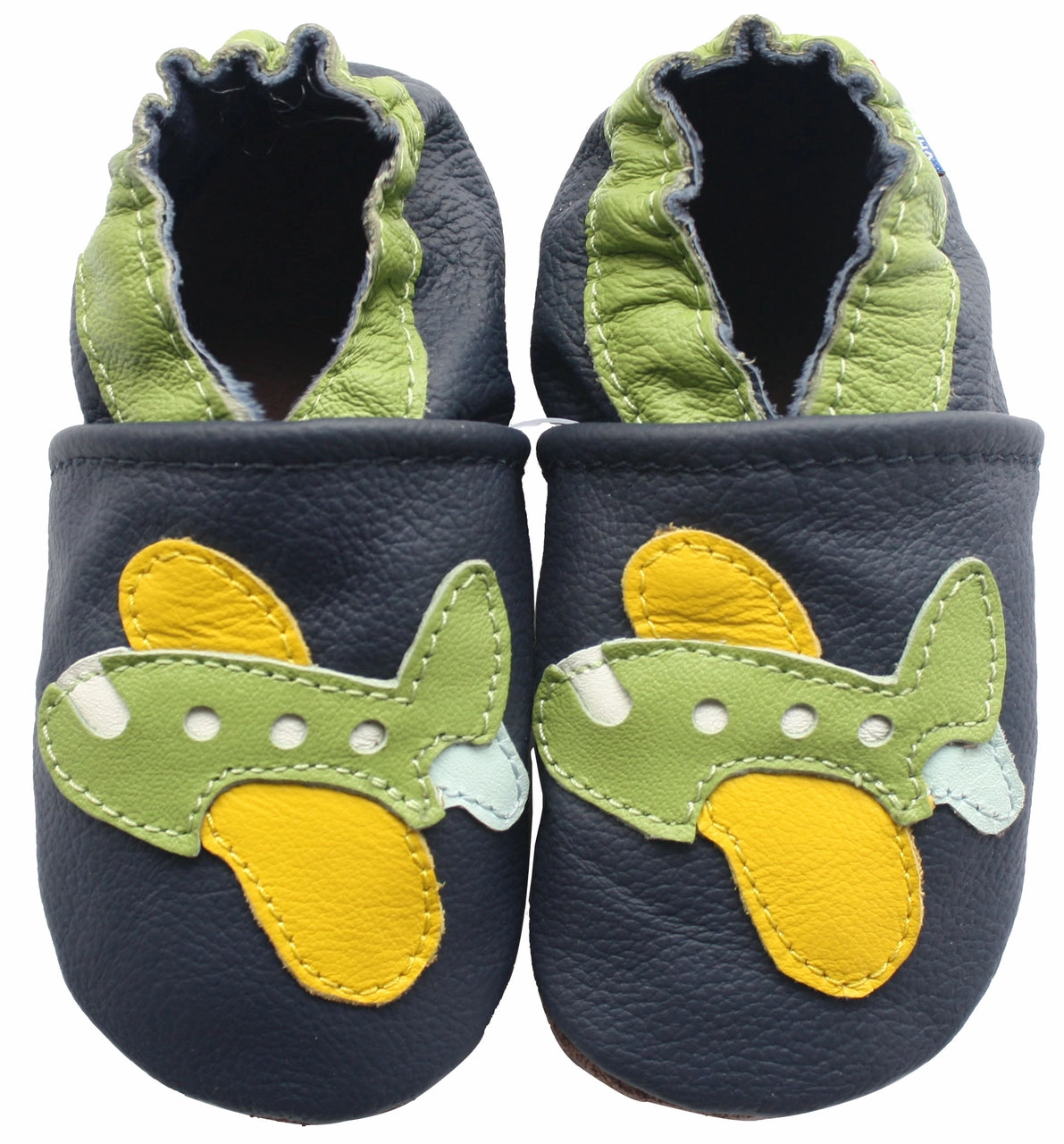 All-around traction Carozoo Soft Sole Leather Baby Shoes Green Airplane Dark Blue