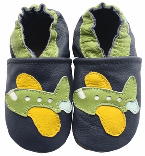 All-around traction Carozoo Soft Sole Leather Baby Shoes Green Airplane Dark Blue
