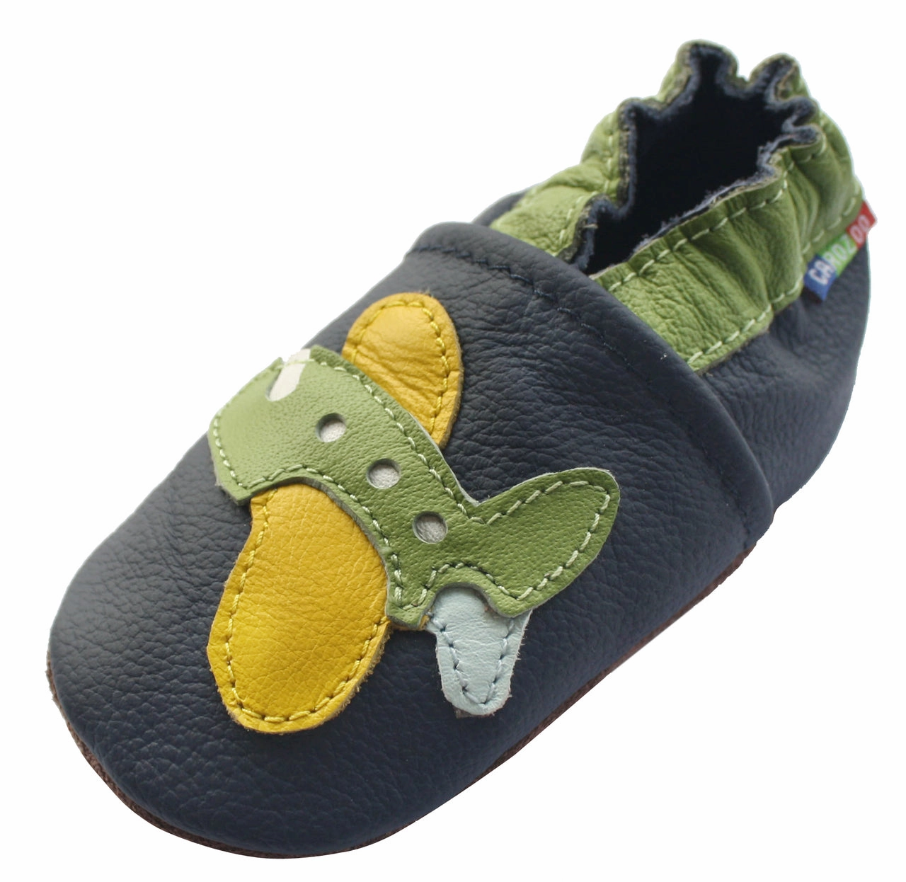 side - vents Carozoo Soft Sole Leather Baby Shoes Green Airplane Dark Blue