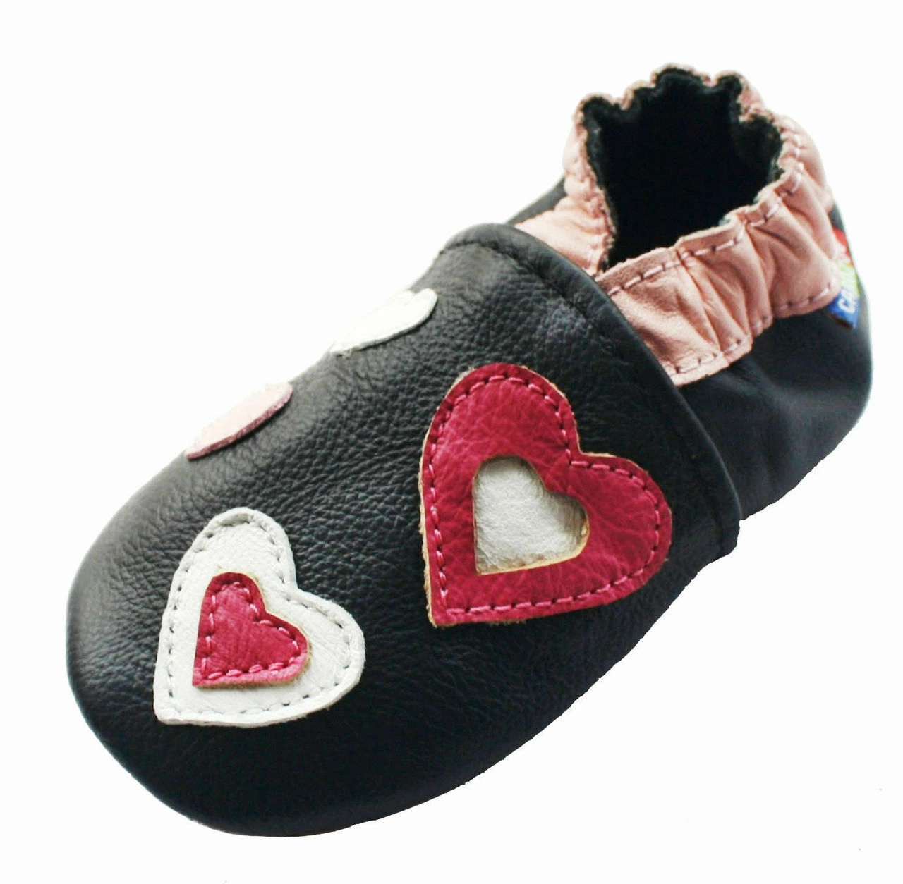 Carozoo Soft Sole Leather Baby Shoes Pink Hearts Black Anatomical Footbed