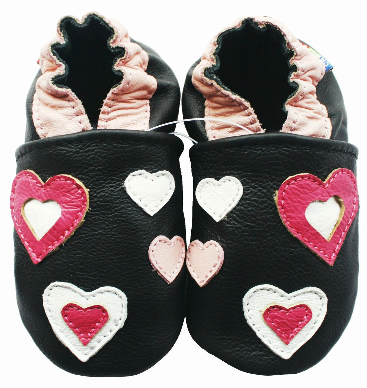 Carozoo Soft Sole Leather Baby Shoes Pink Hearts Black All-around comfort