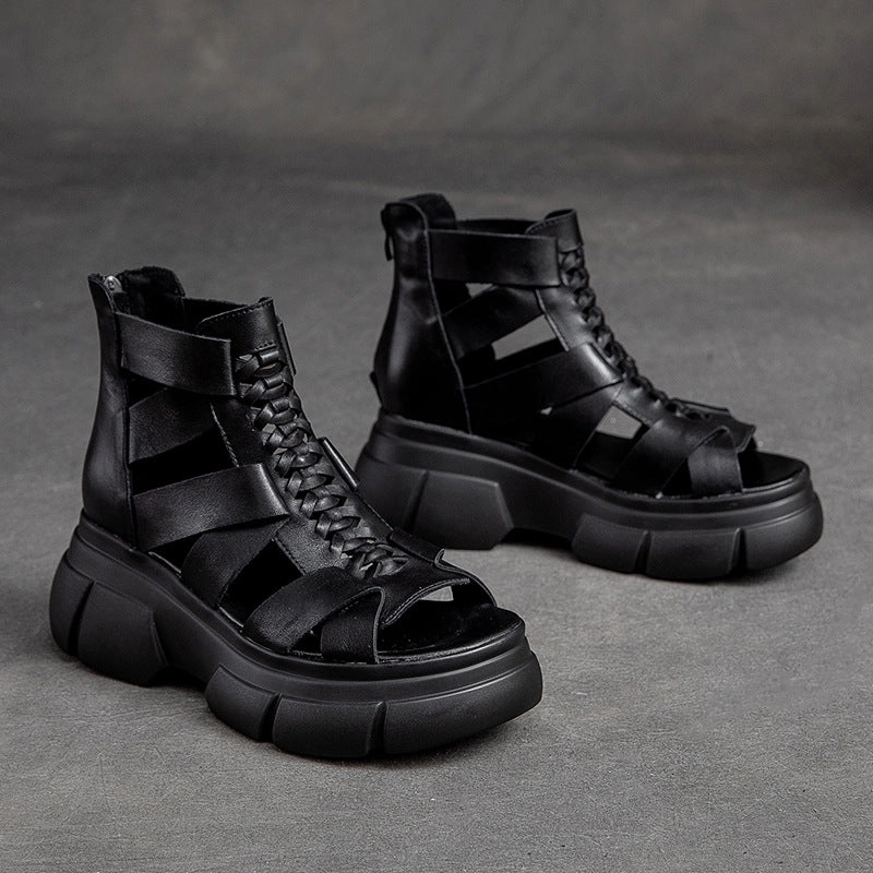 Women Summer Platform Leather Sandal Boots Shock-absorbing Earth Tones