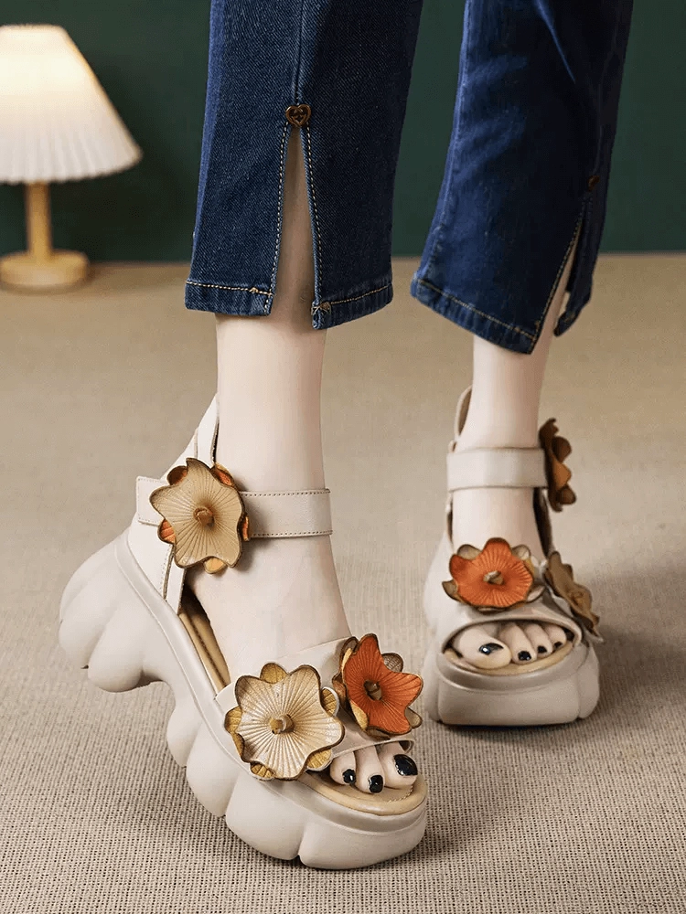 track and field athletes - specific functions Dynamic support Babakud Women Leather Flowers Trendy Platform Sandals