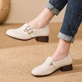 Women Top Genuine Leather Soft Flat Sole Chunky Slip-On Shoes Solid tag