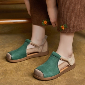 Toe Protection Sustainable Manufacturing Spring Casual Color Block Velcro Genuine Leather Flats