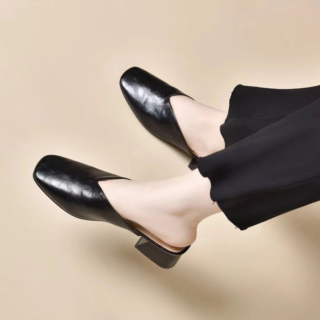 Women Summer Leather Mules Closed Toe Chunky Heel Slip-Ons Shoes All-weather shock absorption Thermoregulating Liner