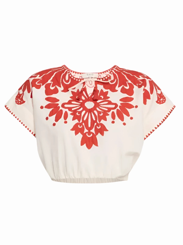 Organic Cotton MeshVentilation Lilana Applique Top in Red