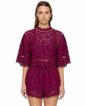 Tight Net Lula Embroidery Top in Jam