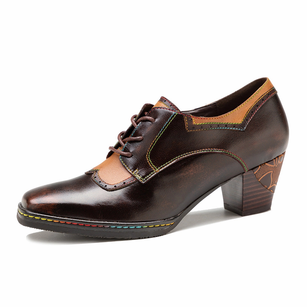 Vintage Ethnic Style Brown Chunky Heel Leather Shoes Foot Performance