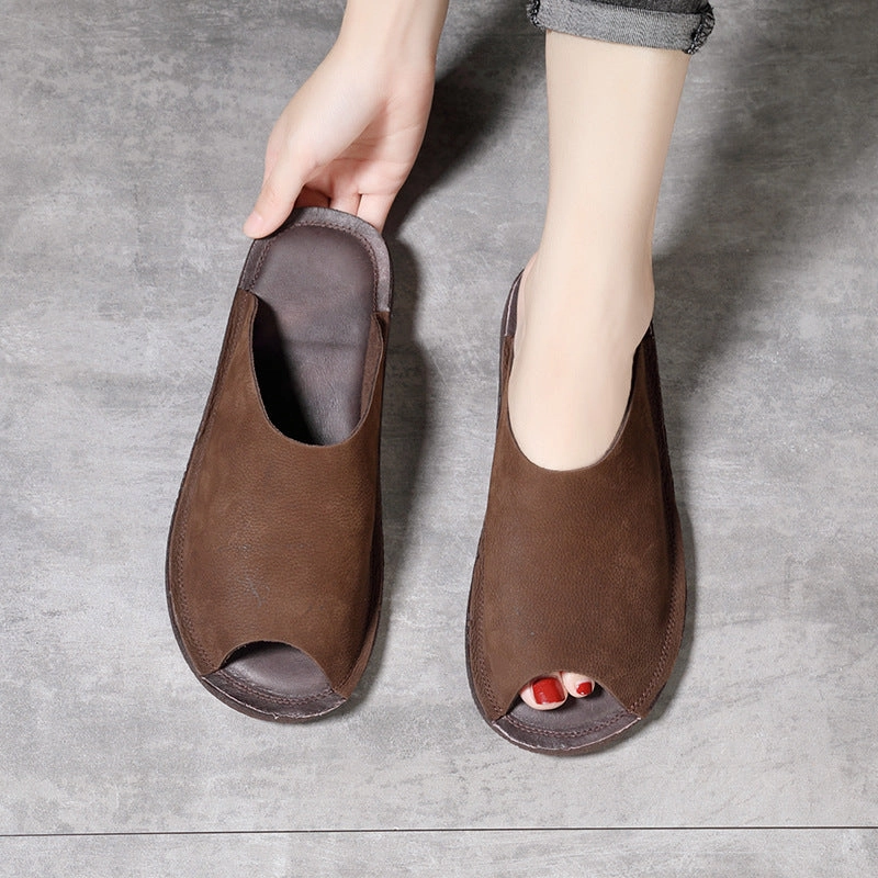 Flexible stability Women Summer Vintage Cowhide Slip-Ons Soft Sole Flat Shoes