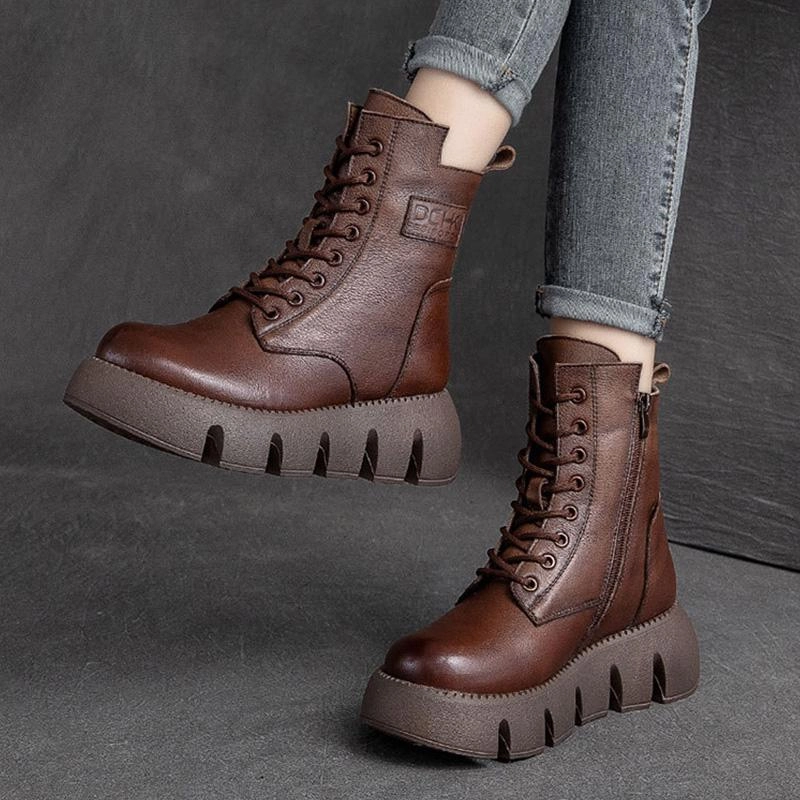 Casual Ease Babakud Women Winter Retro Thick Wool Casual Leather Handmade Boots