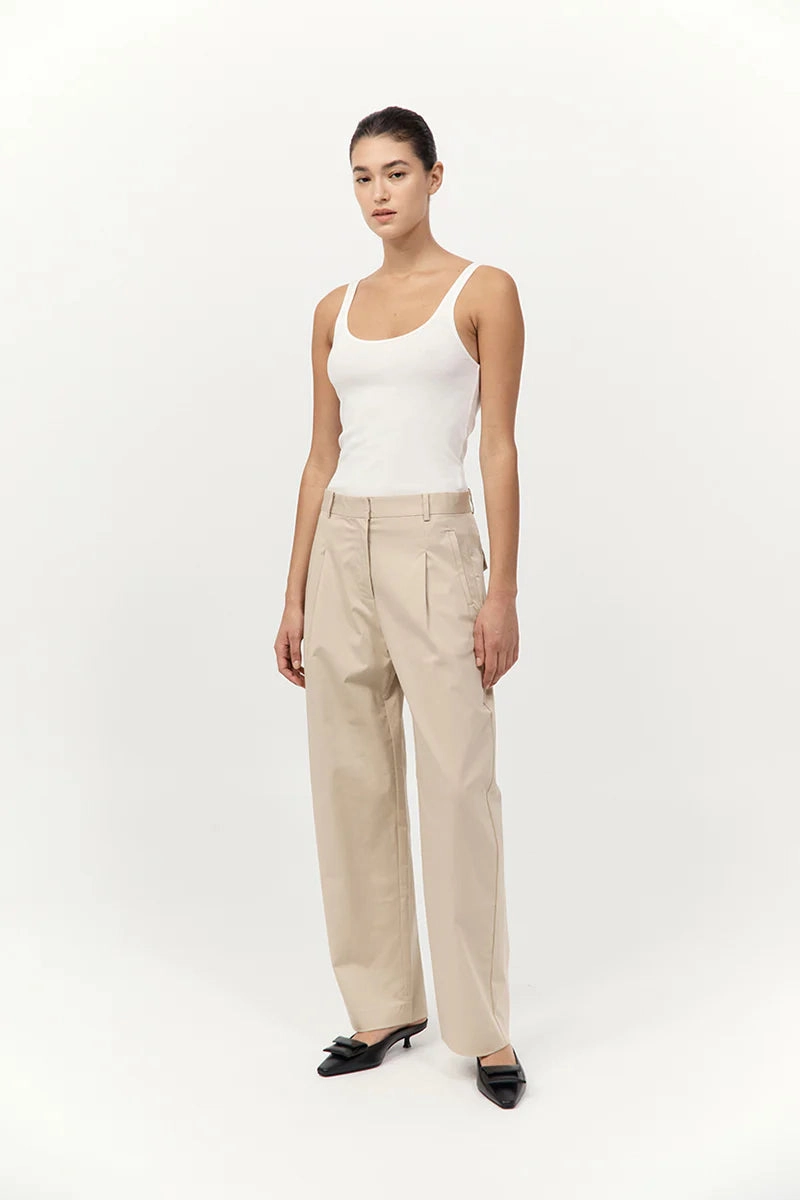 Tencel Blend Fabric Cotton Barrel Leg Pants in Champagne