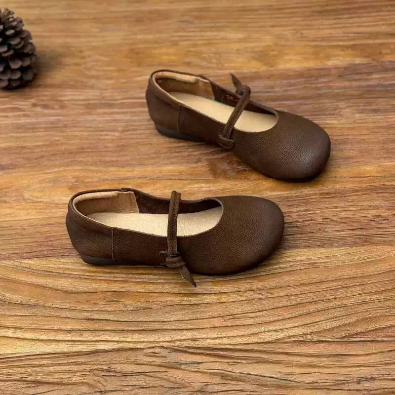 Anti Slip Traction Women Retro Leather Round Toe Shallow One Straped Shoes