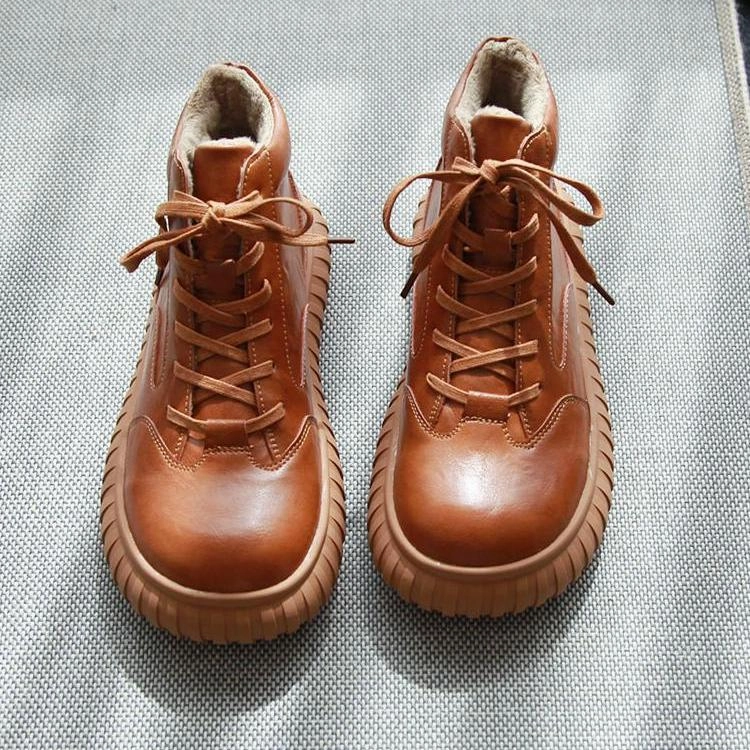 Babakud Women Winter Retro Leather Plus Velvet Short Boots Wide Fit Compatibility