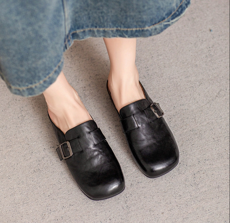 Arch Support System Minimalist Elegant Genuine Leather Low Heel Slippers for Women