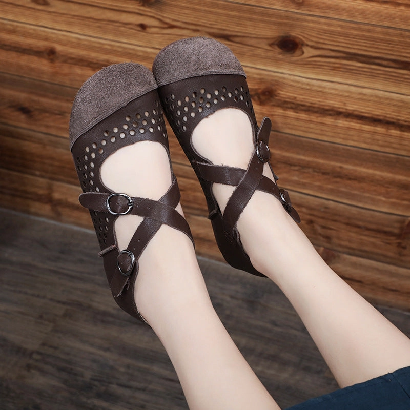 mesh panels Distinctive Design Women's Retro Hollow Handmade Genuine Leather Flat Sandals