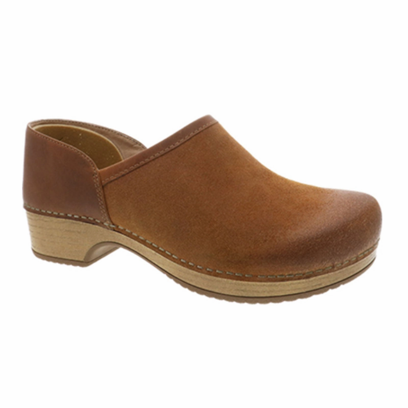 Dansko Brenna Clog (Women) - Tan Burnished Suede Tulle Air Signature-Style