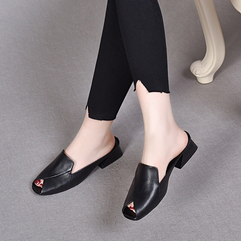 basketball - style Summer Peep Toe Leather Mules for Women Closed Toe Flats