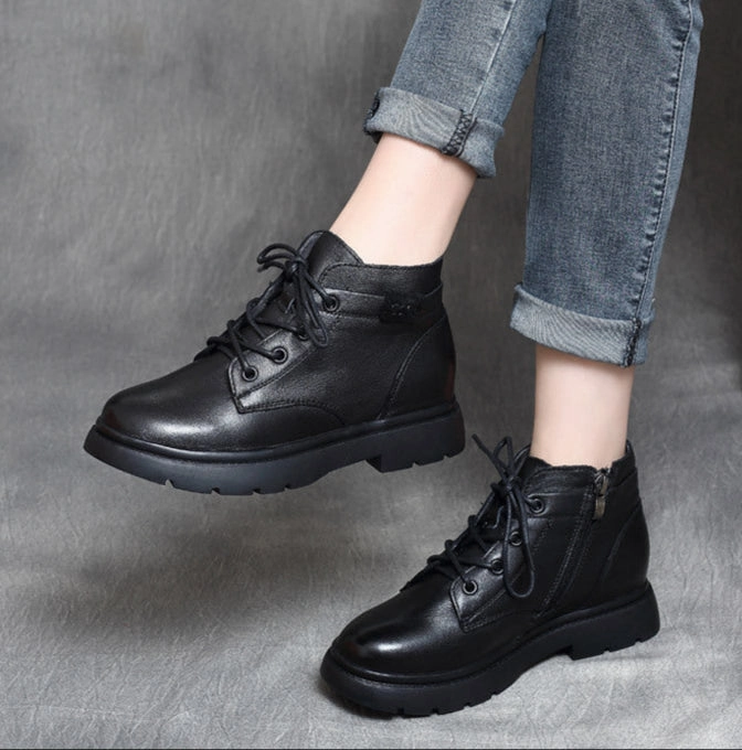 Babakud Women Retro Lace-Up Fashion Genuine Leather Booties Gift Idea