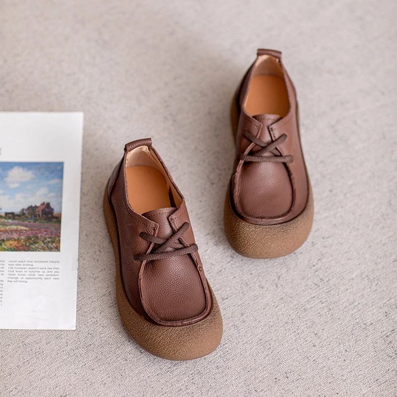 Ventilated Upper Retro Autumn Leather Round Toe Platform Slip-On Shoes