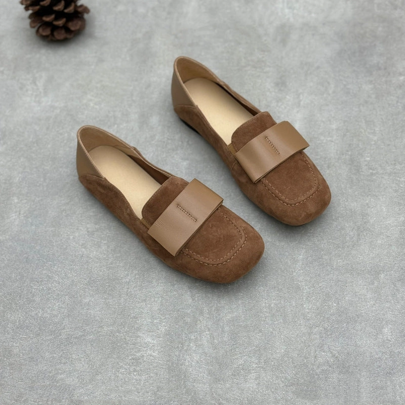 Ladies Elegant Vintage Soft Leather Suede Loafers with Wide Bow Streamlined Design Dynamic Flex Sole