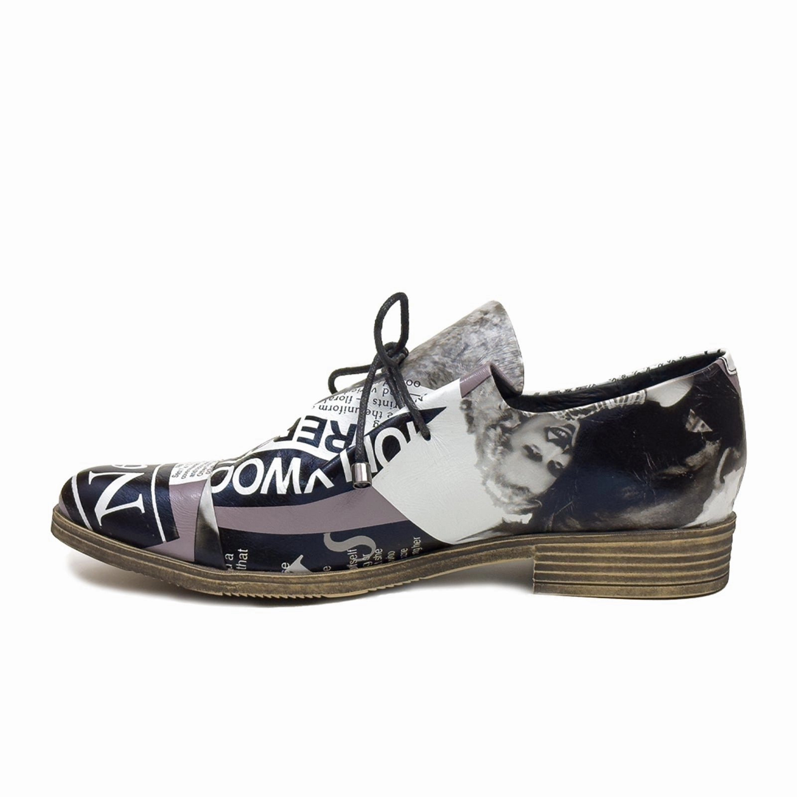 Django & Juliette Kotty Slip On (Women) - News Print Leather Hip-Flattering Cut-Out-Detail