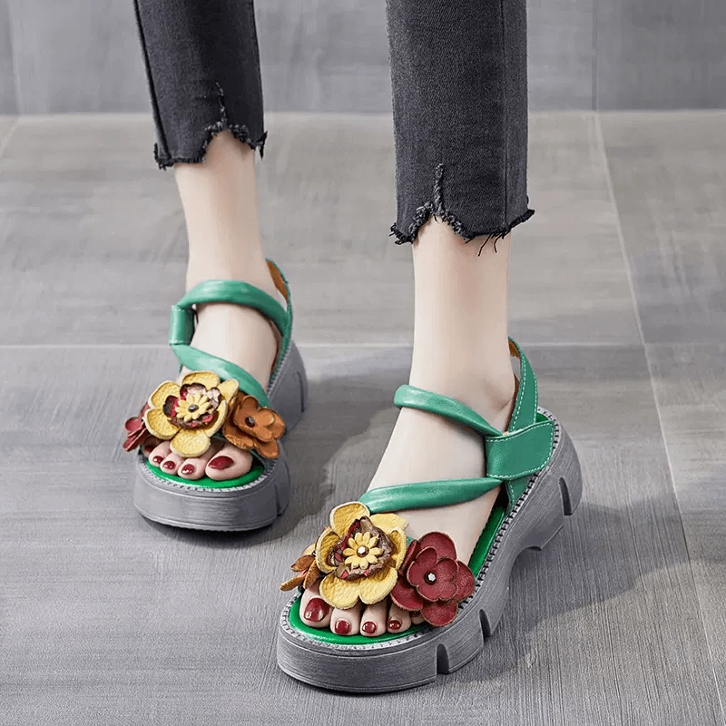 Babakud Women Summer Vintage Floral Leather Mid-Heel Sandals Anti Fatigue Footbed wide - fitting