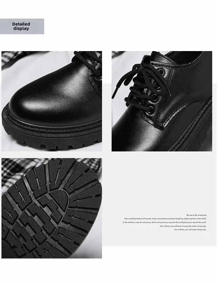 Men's least summer Casual Men's Pure Black Lace-up Height-increasing Business-style Low-heeled, Comfortable and Durable Small Leather Shoes